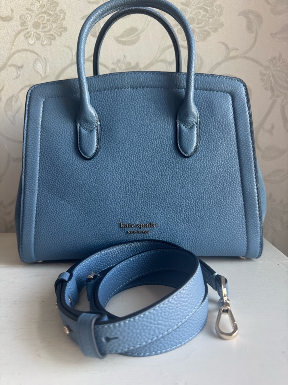 kate spade light blue pebbled leather satchel with detachable strap